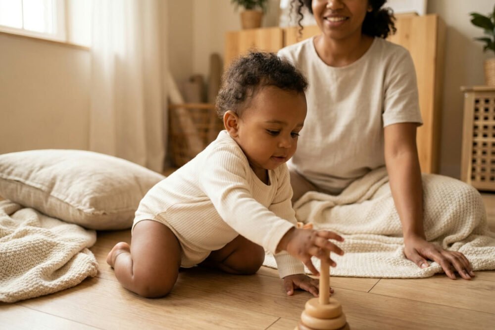 A baby up on hands and knees on a light wood floor, reaching toward a wooden stacking toy, with a mother sitting on a knit blanket just behind.
