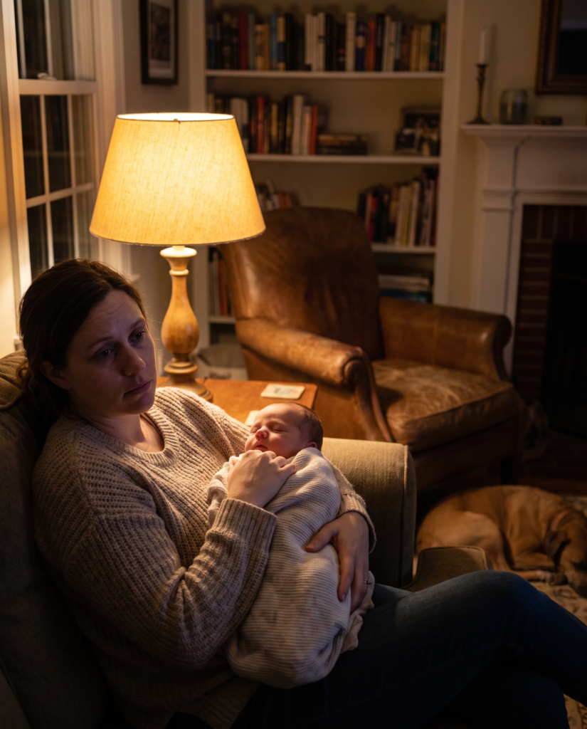 A tired but loving parent gently holding and rocking a sleeping newborn baby