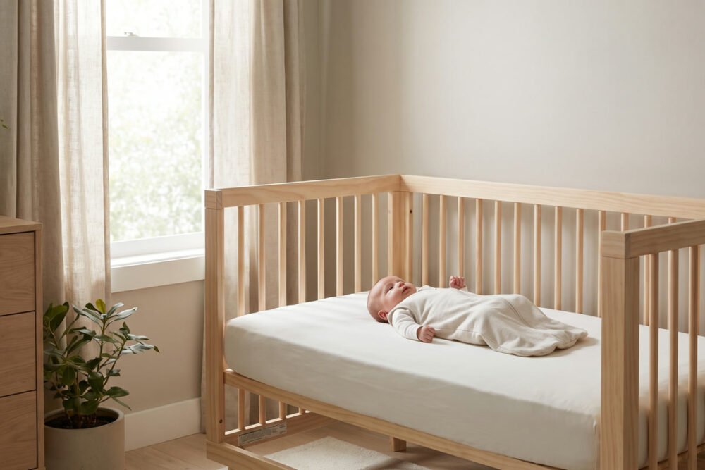 A newborn sleeping on their back in a light wood crib that is empty apart from a fitted sheet, wearing a wearable blanket, with soft daylight from a curtained window.