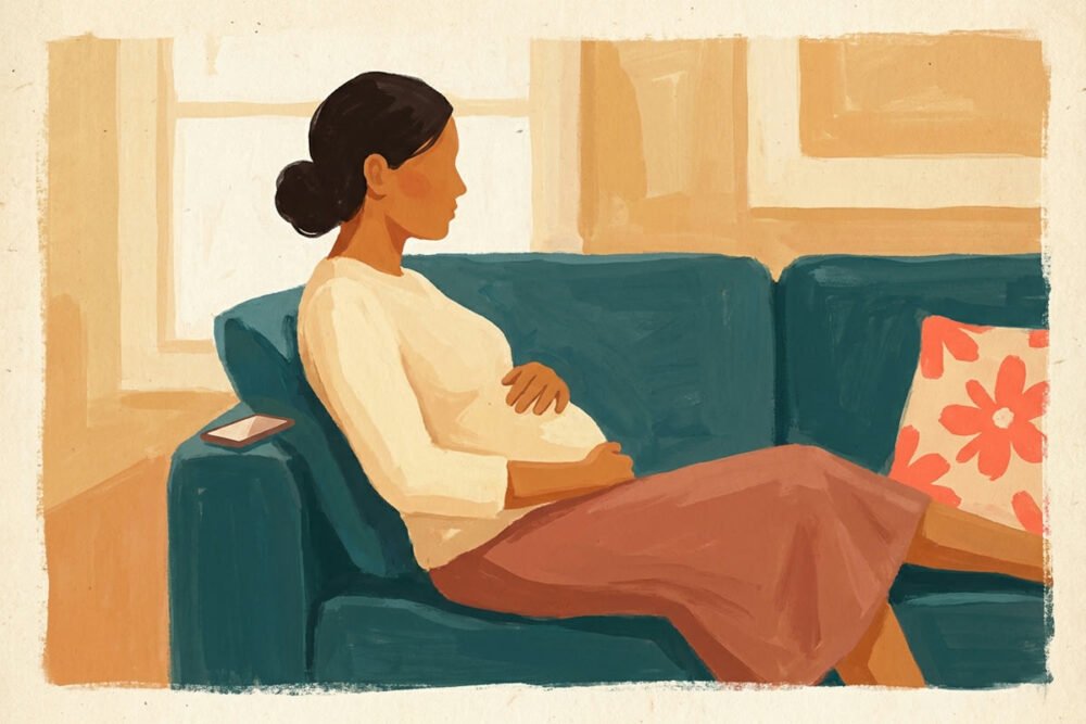 Gouache illustration of a pregnant woman sitting on a couch in the evening with one hand resting flat on her belly, waiting to feel her baby move.