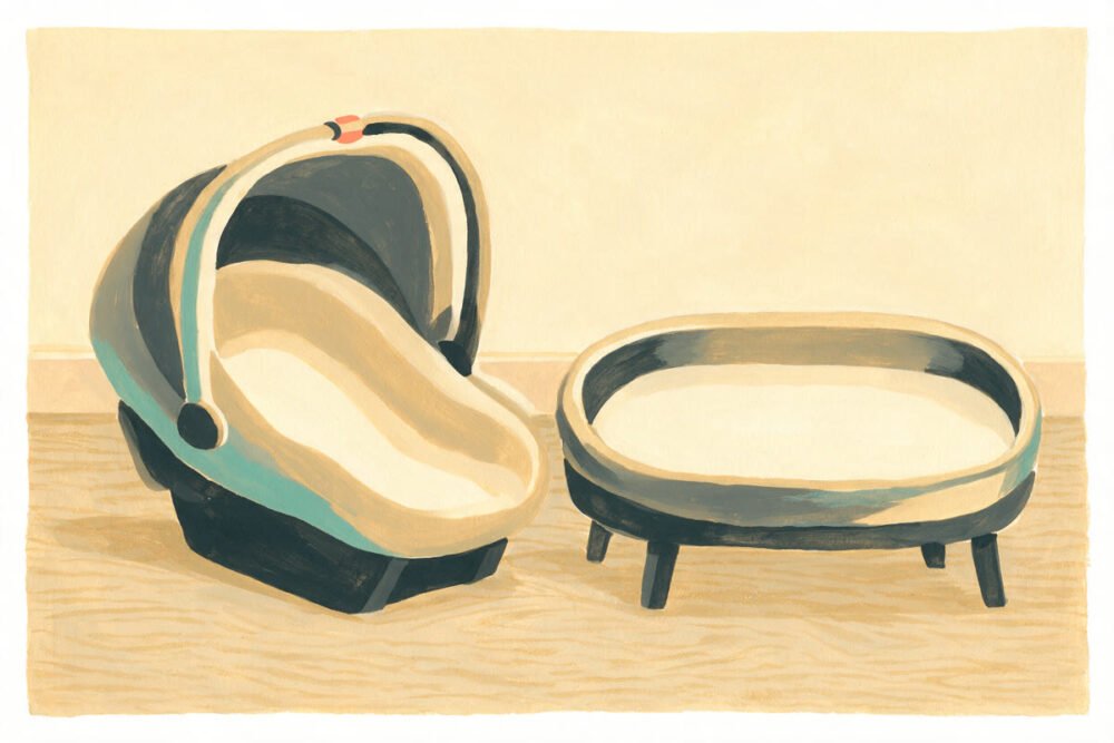 A gouache illustration of an empty infant car seat carrier on a wooden floor with its shell clearly sloped, next to a bassinet with a completely flat mattress.