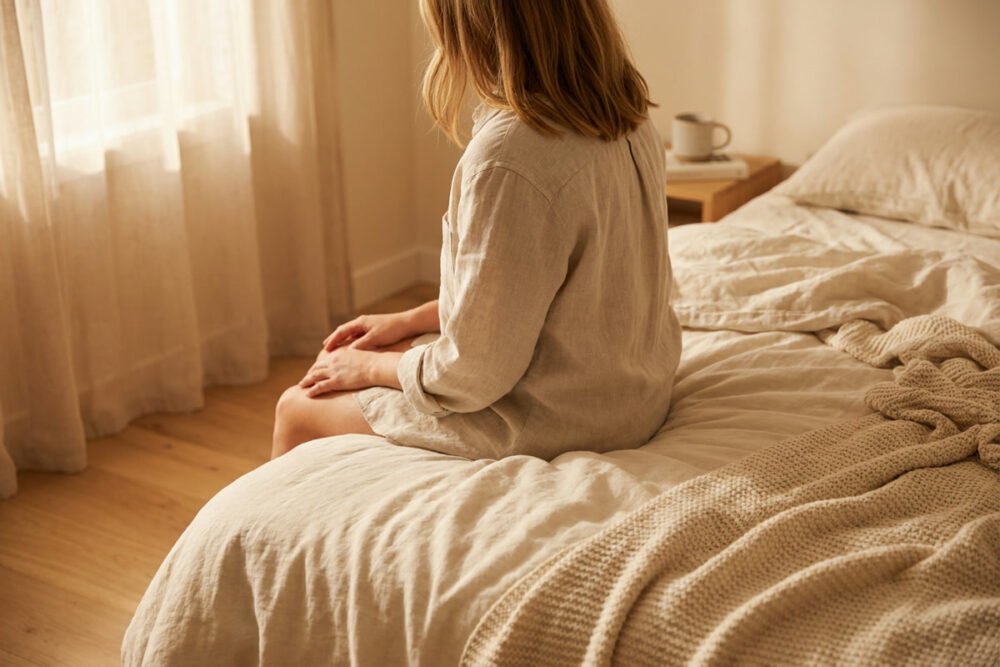 A woman sitting on the edge of an unmade bed in the morning, seen from behind, with soft light through a sheer curtain and a mug on the nightstand.