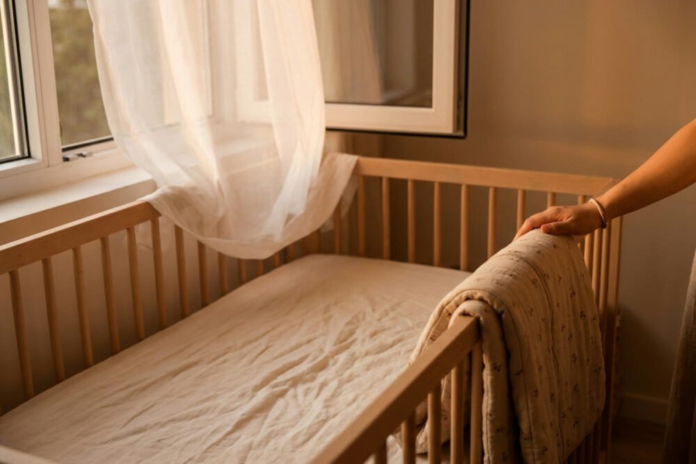 An empty wooden crib with a bare fitted sheet beside an open window with a thin curtain lifting in a warm breeze