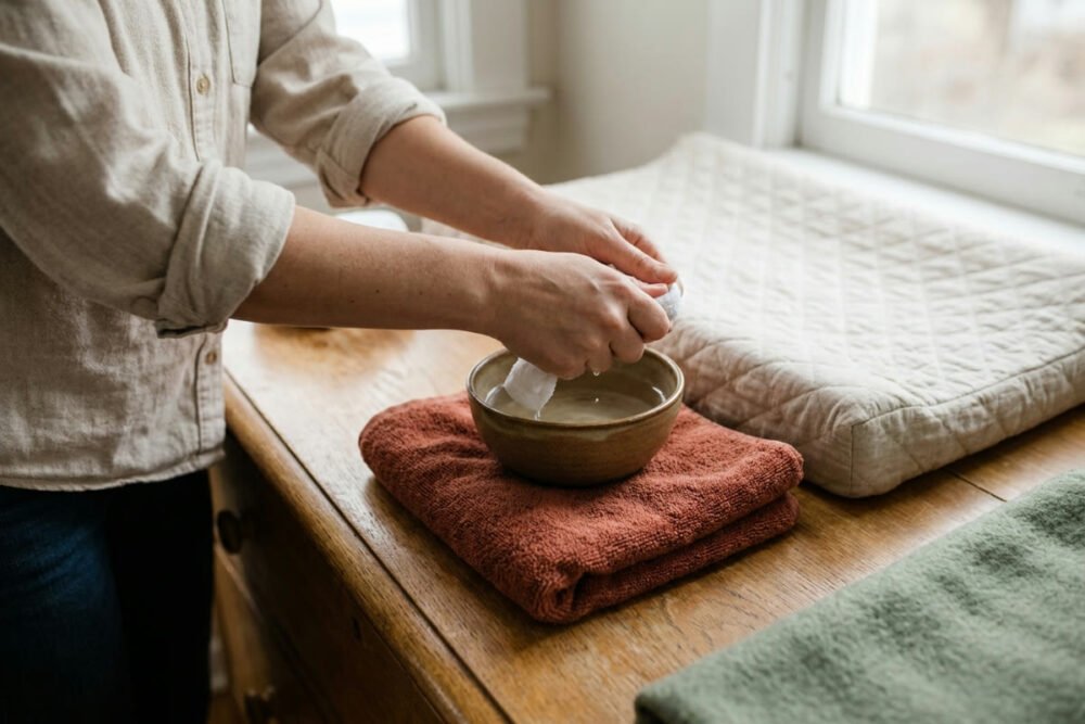 A bowl of warm water and a wrung out washcloth on a folded rust towel on a dresser, next to a changing mat, with a parent's hands above the bowl