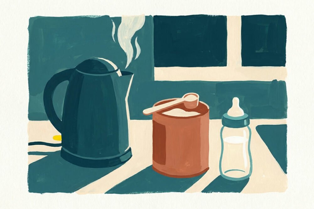 An illustration of a kettle, an open tin of powdered formula with its scoop, and an empty baby bottle on a kitchen counter.