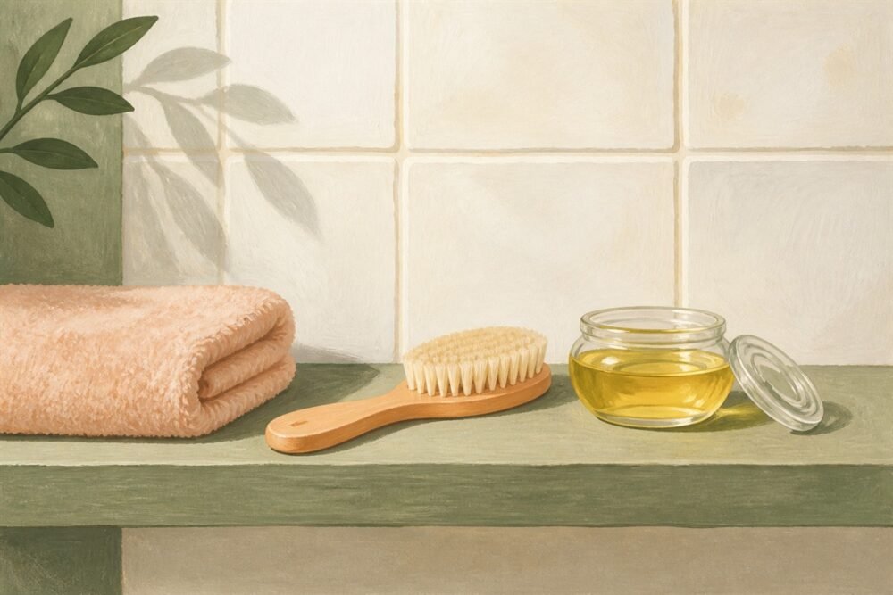 Gouache illustration of a soft baby hairbrush, a small open dish of oil and a folded towel on a bathroom shelf.