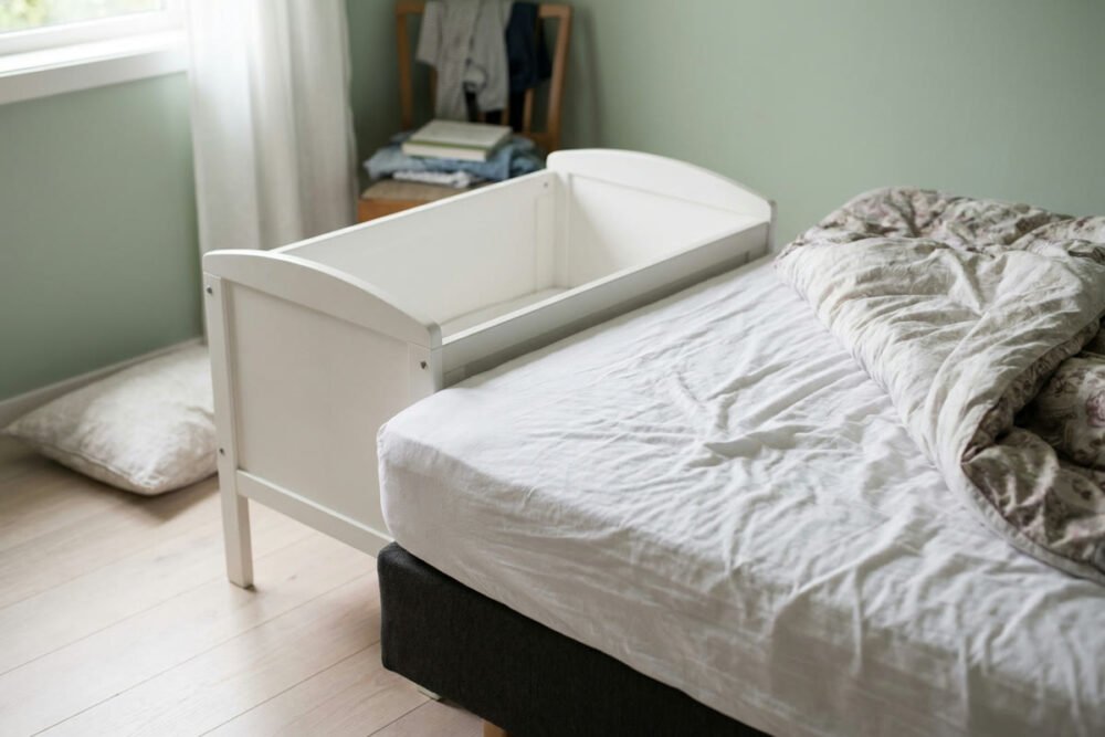 A white bassinet pulled up against the side of a bed, the near side stripped to the fitted sheet with the comforter folded back and a pillow on the floor.