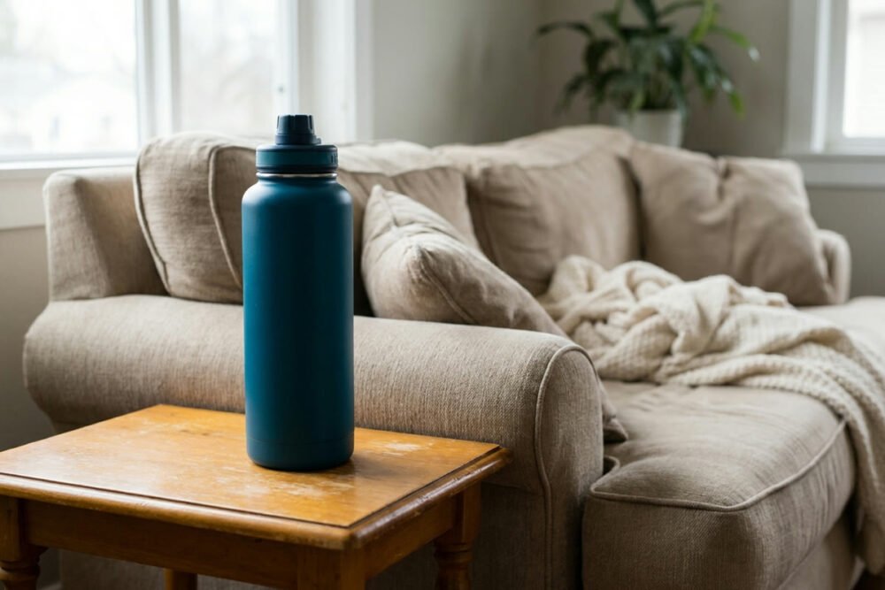 A large capped teal water bottle on a wooden side table beside a rumpled couch with a crumpled blanket, in ordinary window daylight