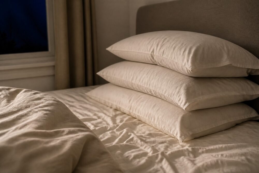 Three bed pillows stacked into a stepped slope against a headboard in a dark bedroom, with rumpled cotton sheets in the foreground.