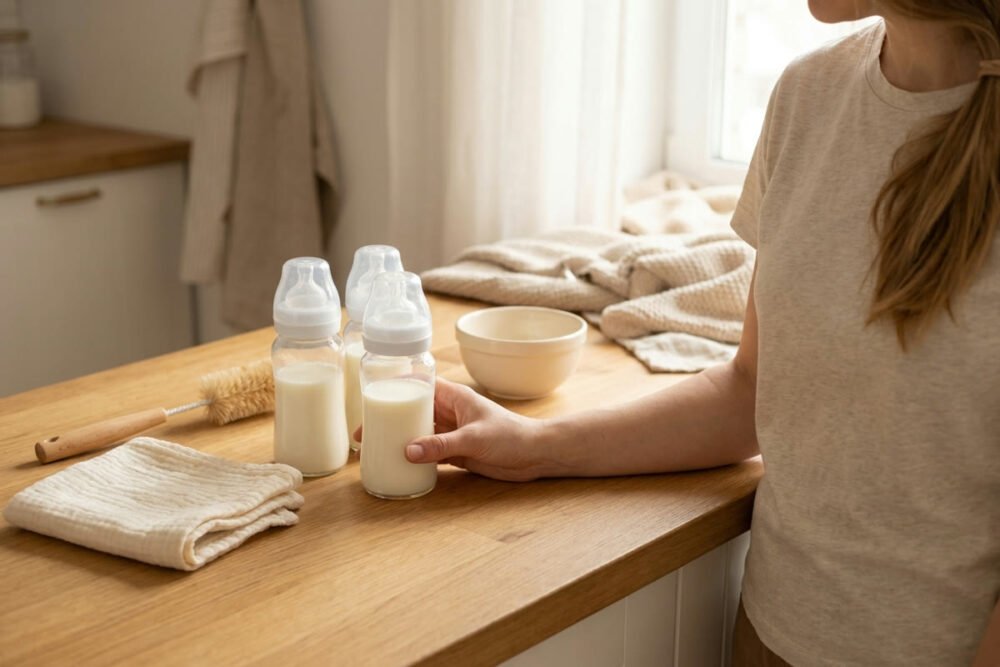 Three glass baby bottles of milk on a light wood kitchen counter in morning light, with a bottle brush and a folded cloth beside them.