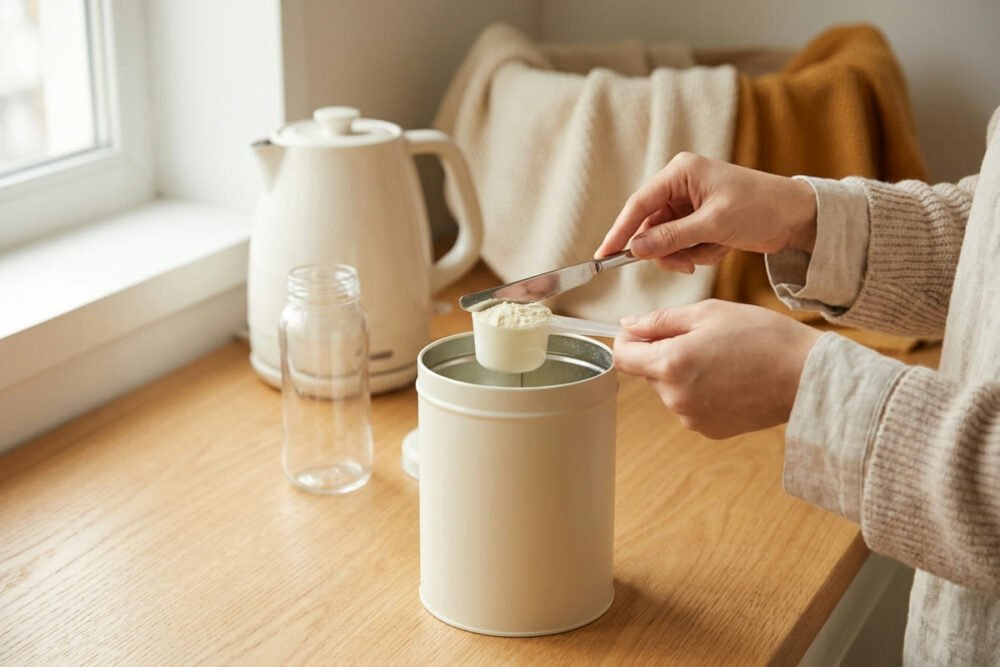 Hands levelling a measuring scoop of formula powder with the flat edge of a knife on a light wood counter, an electric kettle and a clean empty baby bottle beside it