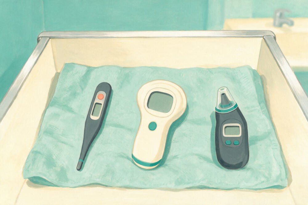 Gouache illustration of three digital thermometers in a row in a bathroom drawer, a slim stick type, a forehead scanner and an ear thermometer, all screens blank.