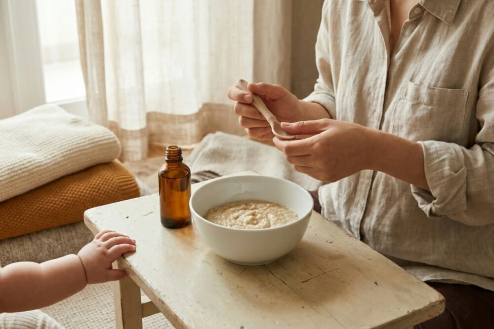 A parent holding a small baby spoon beside a bowl of iron fortified cereal and a dropper bottle on a light wood table, with a baby hand reaching in from the side