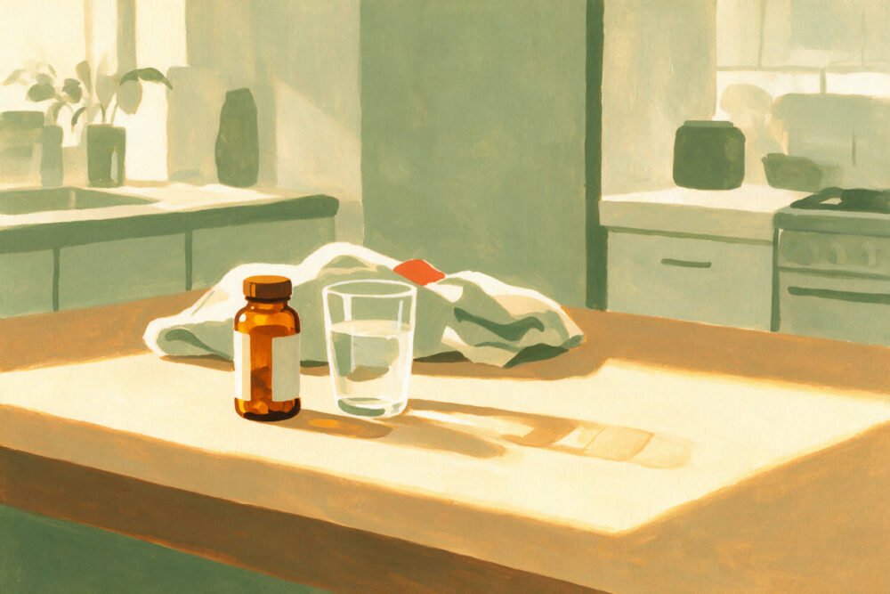Gouache illustration of a small amber supplement bottle with the cap on beside a glass of water on a wooden kitchen counter in morning light.