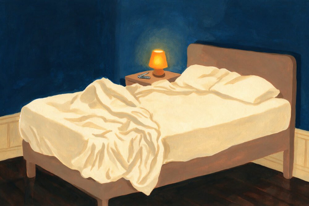 Gouache illustration of a rumpled bed at night, a small lamp on the bedside table and a pair of nail clippers beside it.