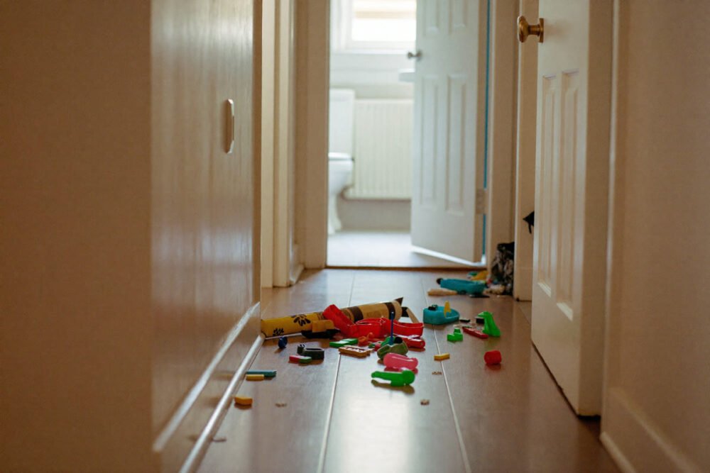 Photograph taken low along a hallway floor scattered with toys, looking toward an open bathroom door at the far end.