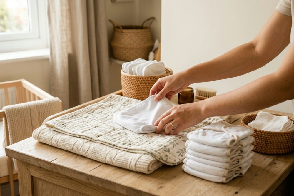 A parent's hands folding a clean diaper on a light wood changing table beside a stack of folded diapers and a basket of cotton wipes.
