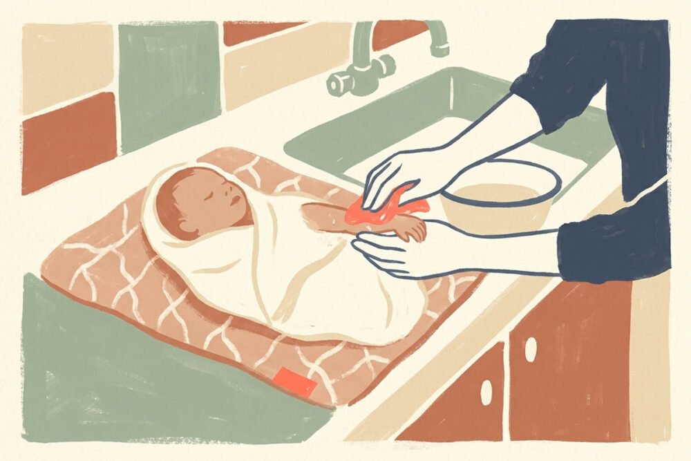 Illustration of a newborn wrapped in a towel on a padded counter beside a kitchen sink, one arm uncovered while a parent's hands wash it with a cloth