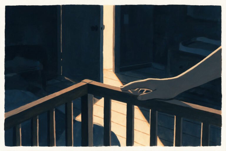 A gouache illustration of a dark bedroom at night, with one adult hand resting on the corner of a wooden crib rail and a band of hallway light on the floor.