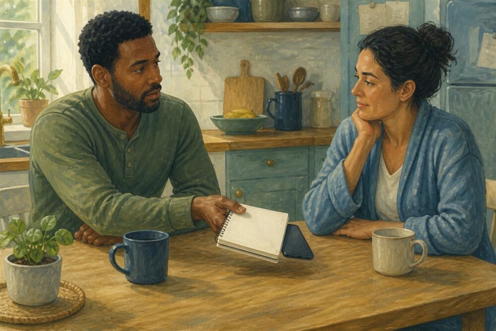 Gouache illustration of one partner offering a blank notebook and phone to another at a kitchen table
