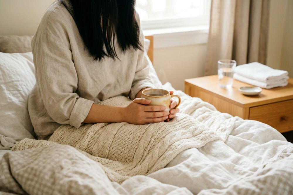 A woman sitting up in bed in the morning holding a warm mug with both hands, a cream knit blanket over her lap, with a glass of water and folded towels on the nightstand.