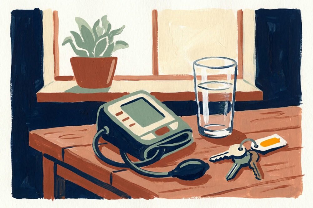 An illustration of a blood pressure monitor, a glass of water and car keys on a kitchen table by a window.