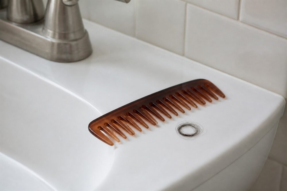 A wide tooth comb on the edge of a white bathroom sink next to a small coil of loose hair in morning daylight.