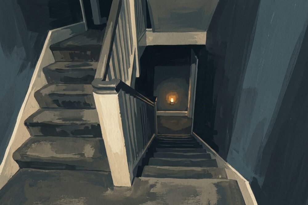 A gouache illustration looking down a dim staircase at night, with a small nightlight glowing on the landing below.