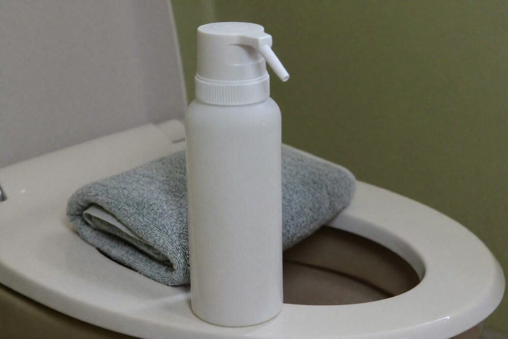 An unlabeled white plastic squeeze bottle and a folded gray towel resting on a home toilet