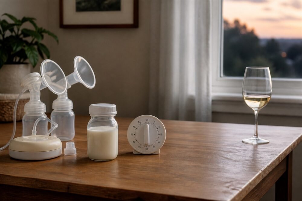 Breast pump parts, a milk storage bottle, a kitchen timer, and a wine glass arranged on a table