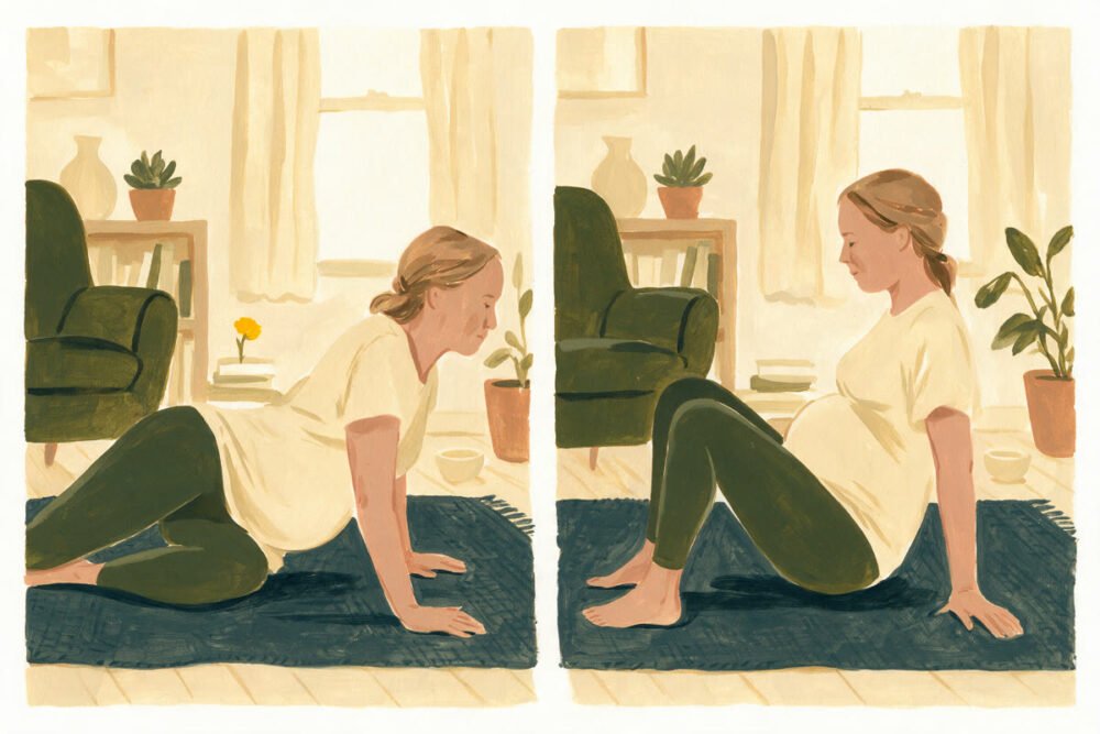 A two panel gouache illustration of getting up off the floor while pregnant: first pushing up onto one hand from the side, then sitting upright with knees bent before standing.