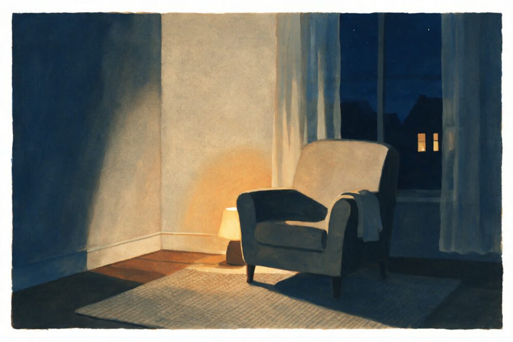 An empty armchair at night with a soft cloth folded over one arm and a single low lamp beside it, painted in gouache.