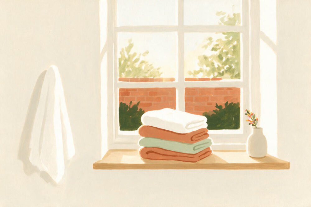 Clean folded towels stacked on a narrow shelf beside a bathroom window in early morning light, painted in gouache.