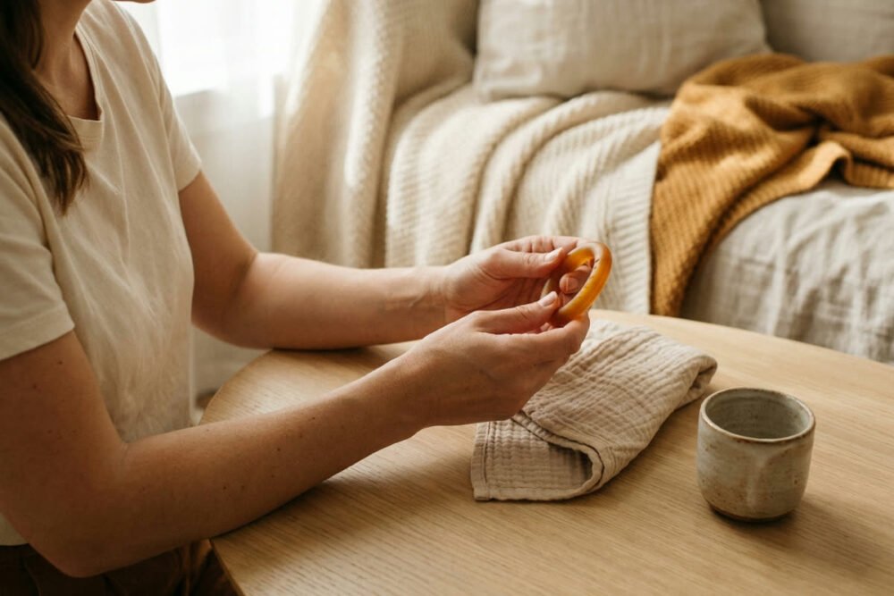 A parent holding a firm rubber teething ring at a light wood table, a folded muslin cloth beside it.