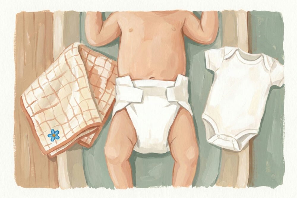 An illustration of a newborn on a changing mat with the front of the diaper folded down low, below the belly button, a muslin cloth and a clean onesie laid out beside them
