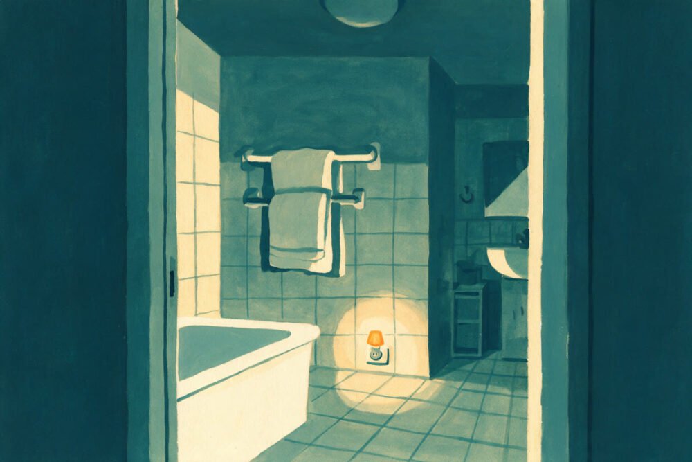 A gouache illustration of a small family bathroom at night, with a folded towel on the rail and a low night light throwing a warm circle onto the floor tiles.