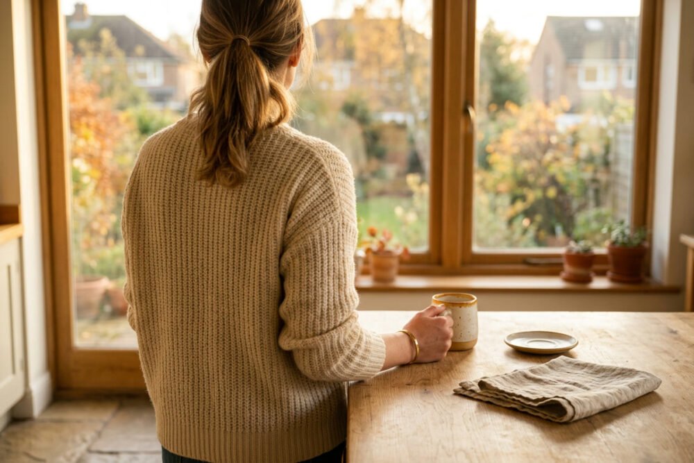 A woman standing at a kitchen window in late afternoon light, seen from behind, holding a mug and looking out at an autumn garden.