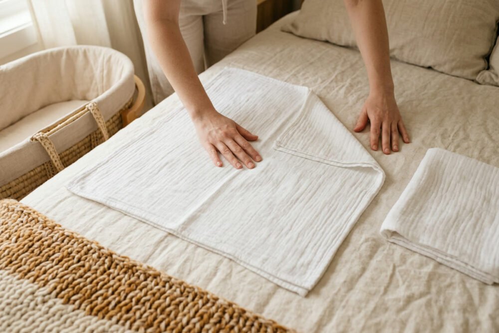 A parent hands smoothing a thin white muslin swaddle blanket flat on a bed beside an empty bassinet