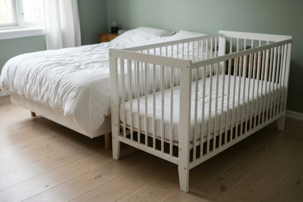 An empty white crib with a bare fitted sheet standing on the floor beside a low double bed in a bedroom