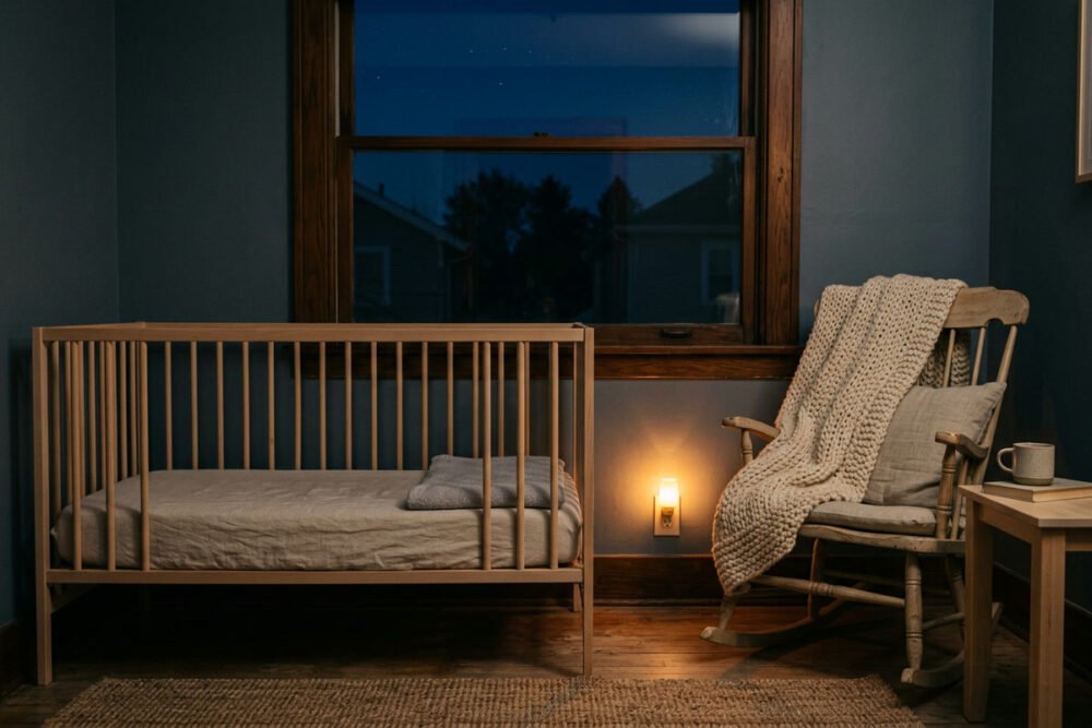 A dim nursery at night lit by a small warm nightlight, with an empty light wood crib made up with only a fitted sheet and a knit blanket folded over a chair.