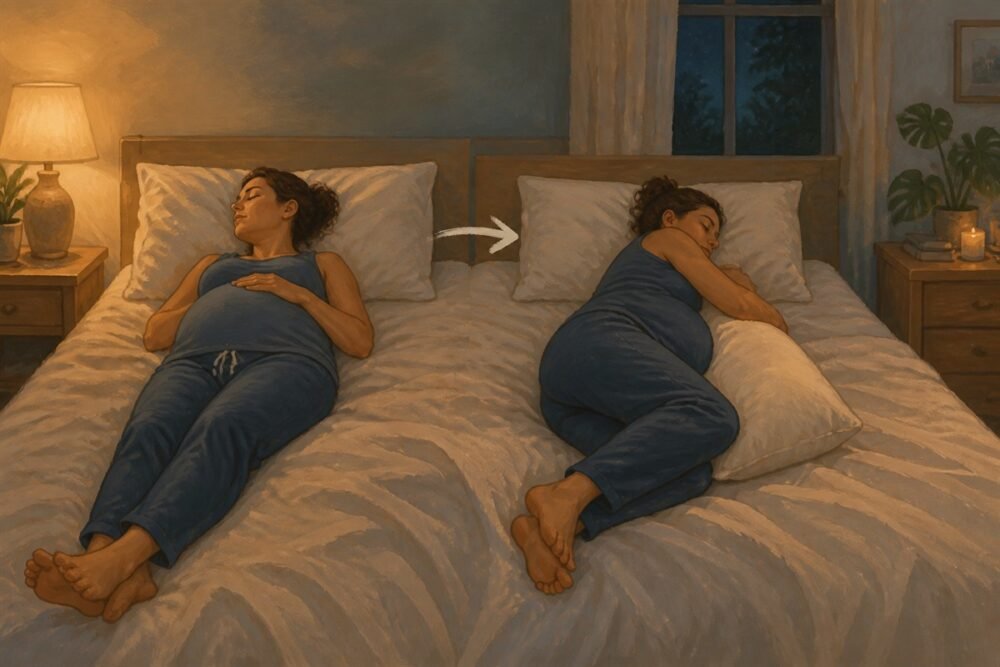 Gouache illustration of a pregnant adult turning from her back onto her side in a softly lit bedroom