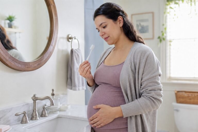Pregnant adult holding a plain toothbrush beside a bathroom sink.