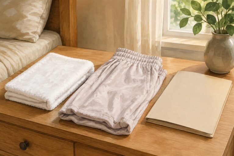 Illustration of a clean towel, loose cotton clothing, and a care folder on a table.