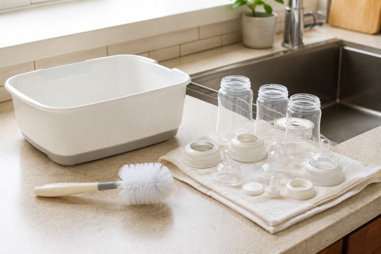 Dedicated wash basin and bottle brush beside disassembled bottles drying on a clean cloth.