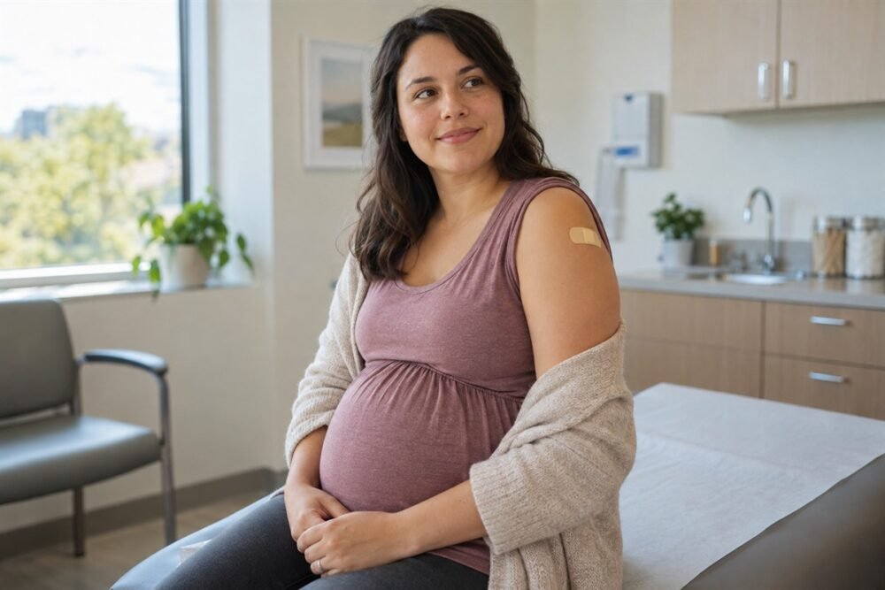 Pregnant woman seated in a clinic with a small bandage on her upper arm.