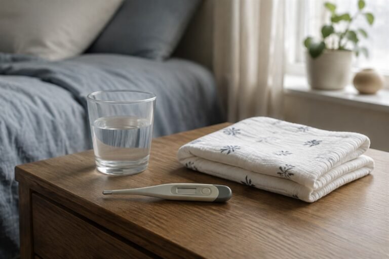 Digital thermometer, water glass, and folded nursing cloth on a quiet bedside table.