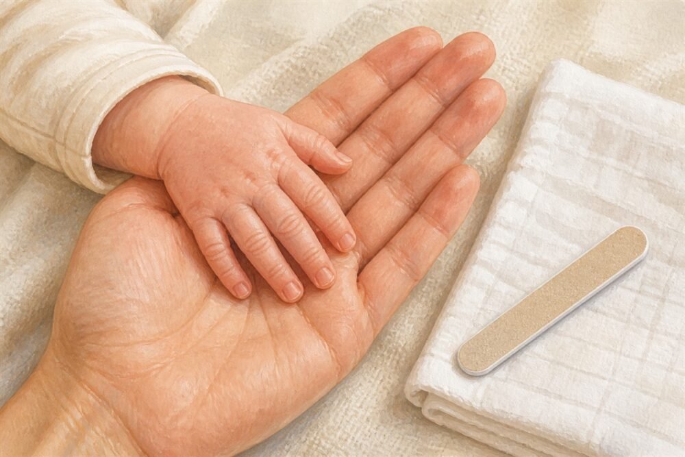 A sleeping newborn's hand rests in an adult palm beside a fine nail file.