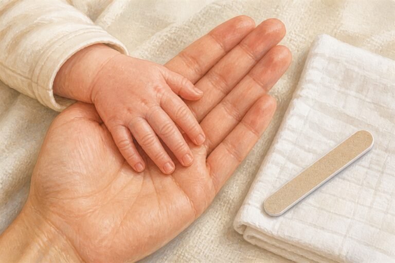 A sleeping newborn's hand rests in an adult palm beside a fine nail file.