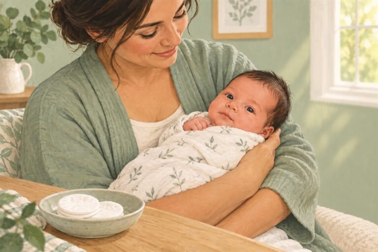 Illustration of an awake newborn supported in a caregiver's arms beside clean cotton pads.
