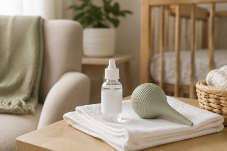 Plain saline drops and a clean rubber bulb syringe on a folded white cloth beside a feeding chair.
